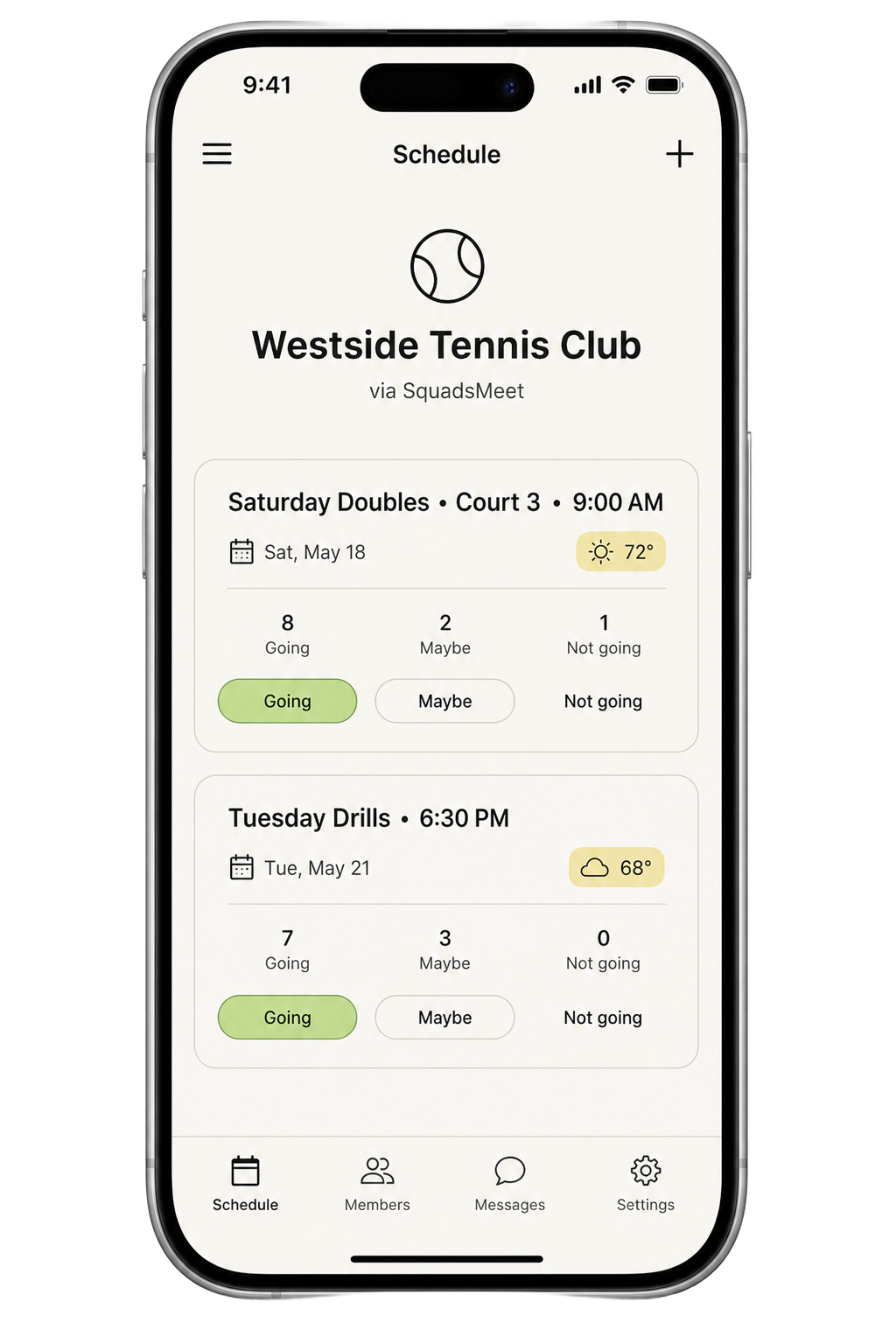 Tennis club schedule in a realistic light iPhone
